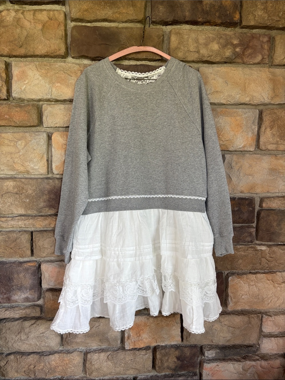 Anthropologie Gray Sweater Dress with White Lace Skirt Attached.